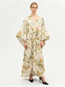 Elegant floral maxi dress with V-neck, batwing sleeves and decorative metal buckle