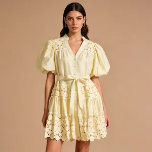 French pastoral yellow lace dress with puff sleeves and tied waist detail