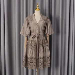 Elegant French style V-neck puff sleeve dress with delicate hollow floral lace details