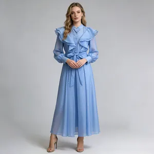 Romantic vintage palace style blue maxi dress featuring elegant ruffle collar and belted waist