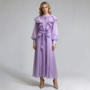 Elegant lavender purple ruffle long dress featuring stand collar and waist tie detail