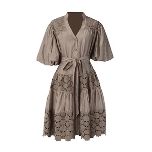 French pastoral V-neck short dress with elegant puff sleeves and lace hollow-out details.