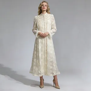 Elegant white lace embroidered maxi dress with pearl neck and feather cuffs detail