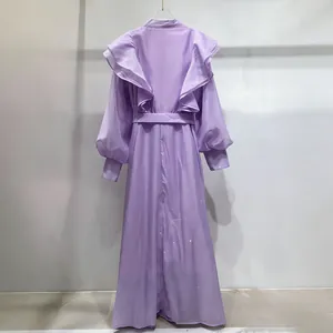Back view detail of romantic vintage purple maxi dress with ruffles and mandarin collar
