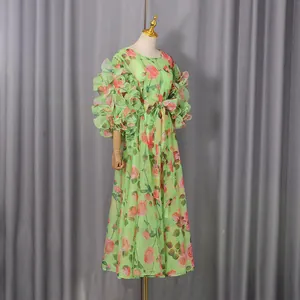 Romantic vintage rose print dress featuring multi-layered ruffled bubble sleeves