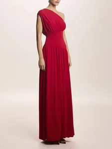Vestito Lungo Maxi Monospalla Elegante Francese da Donna a Pieghe Minimalista Tinta Unita Snellente in Poliestere per Banchetto Serale Festa