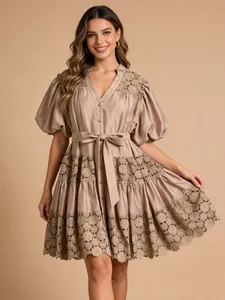 Elegant French pastoral short dress with V-neck, puff sleeves and hollow lace in beige
