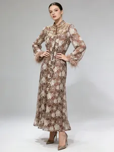 Women Resort Lace Embroidery Maxi Dress Stand Collar Pearl Button Feather Cuff Elegant High-End A-Line Party Long Dress