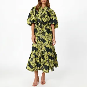 Vintage floral midi dress with puff sleeves and drawstring waist in lime green and black