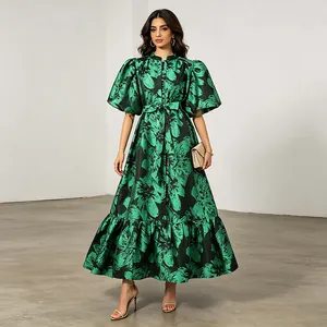 Elegant green floral midi dress with puff sleeves and adjustable cinched waist detailing.