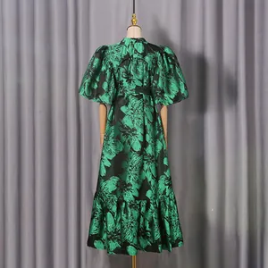 Back view of a French vintage floral midi dress with puff sleeves and waist drawstring.