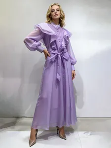 Romantic Retro Court Style Stand Collar Ruffle Dress For Women Elegant Solid Color Lace-up Slim Waist Long Sleeve Maxi Dress