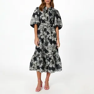 French vintage midi dress with floral print, puff sleeves and drawstring waist style