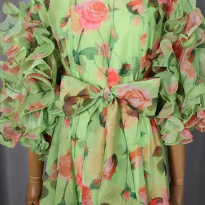 Detail of vintage rose print dress with exaggerated layered ruffle sleeves and waist bow.