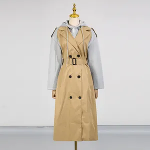 Modischer Damen Trenchcoat mit Kapuze und Taillengürtel in Khaki und Grau im Mix