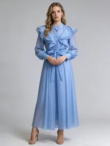 Elegant light blue ruffled maxi dress with stand collar and waist tie details