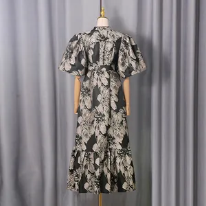 Elegant vintage floral print midi dress featuring puff sleeves and a waist tie back view