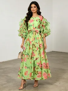 Vintage Palace Style Rose Floral Printed Dress Women Round Neck Design Puff Sleeve Ruffle Hem Elegant Long Maxi Dress