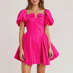 Elegant French style hot pink puff sleeve mini dress with high waist design for women