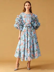 Elegant vintage floral midi dress with exaggerated ruffled sleeves and rose prints