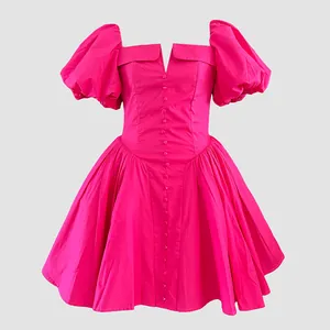 Vibrant fuchsia puff sleeve mini dress with button front and elegant French style details.
