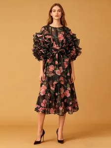 Vintage court style rose print midi dress with layered puff sleeves and round neck
