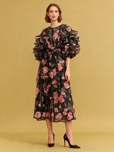 Elegant vintage rose print palace style dress featuring layered ruffle puff sleeves.