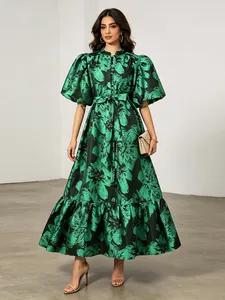 French Vintage Style Floral Print Maxi Dress For Women Puff Sleeve Drawstring Waist A-Line Elegant Party Dress