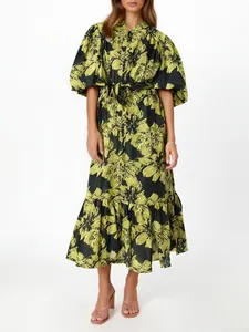 Elegant French style vintage midi dress with yellow floral print and puff sleeves