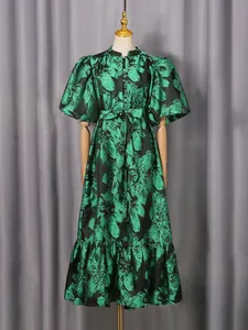 Elegant French vintage floral print midi dress with puff sleeves and belted waist.