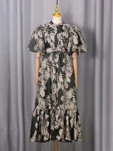 Elegant French style retro floral maxi dress with puff sleeves and waist belt for women