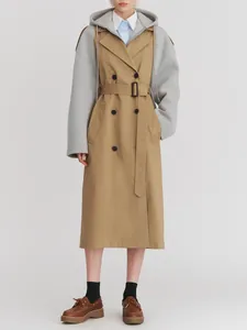 Damen Koreanischer Stil Lässiger Grabenmantel Kontrastnähte Mittellang Zweireihig Gürteltaille Windjacke Top