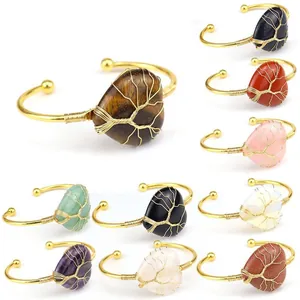 Goldener Draht Umwickelter Lebensbaum Herz Naturstein Offener Armreif Armband Handgefertigter Amethyst Rosenquarz Kristall Schmuck