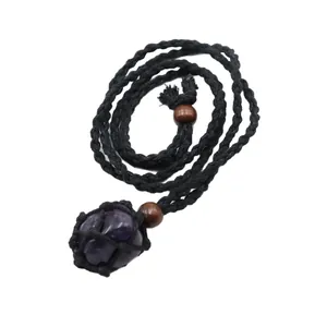 Minimalist handmade braided rope necklace with natural amethyst raw stone pendant