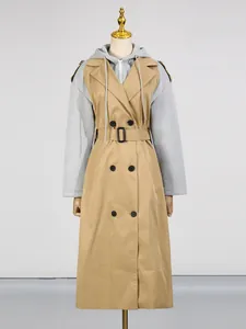 Lässiger Kapuzen-Trenchcoat mit Kontrastärmeln und Bindegürtel für modische Frauen