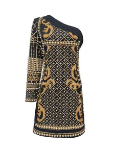French retro one-shoulder mini dress with gold patterns and pearl bead embellishments