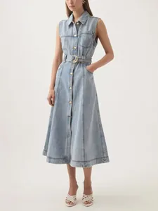 Korean Fashion Lapel Denim Dress Sleeveless Slimming Waist Tie Maxi Dress Solid Color Single Breasted Washed Denim Long Dress For Women