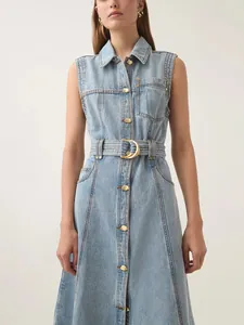 Stylish sleeveless light wash denim maxi dress with gold buttons and matching belt