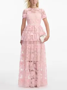 Vestido Largo Escalonado de Malla Bordado con Flores Dulces Francesas Cuello Cuadrado Manga Corta Cintura Alta Vestido Pastel Mujer