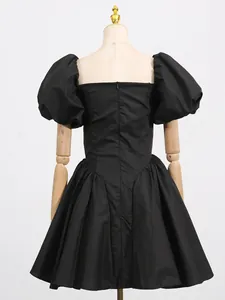 Elegant French style black short dress with puff sleeves and a high waist slim design