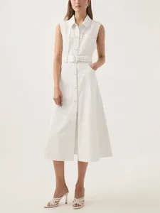 Elegant sleeveless white denim maxi dress featuring a lapel collar and a chic waist belt.