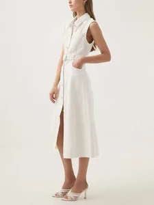 Elegant white sleeveless collared denim midi dress with a belted waist for women