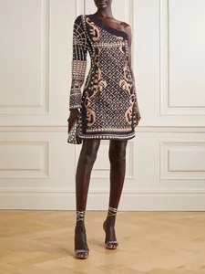 Elegant French retro one-shoulder mini dress with golden baroque print and pearls detail