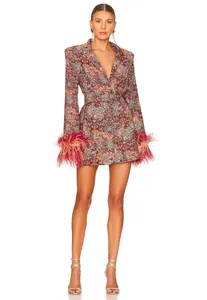 Elegant floral V-neck mini dress featuring luxurious ostrich-style feather cuffs.