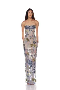 Robe de soirée bustier élégante avec broderies de fleurs à paillettes bleues