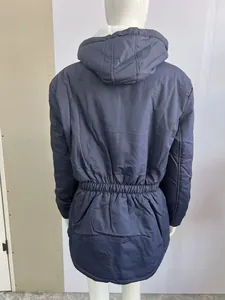 Back view of navy blue hooded winter jacket with drawstring waist detail
