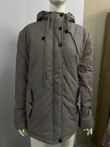 Front view of women's grey hooded winter jacket with zipper and pockets on mannequin