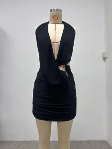 Detailed view of a sexy black deep V-neck halter mini dress featuring ruched bodycon design