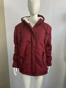 Women's burgundy fleece-lined hooded jacket with zipper and pockets displayed on a mannequin.