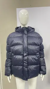Front view of navy blue hooded puffer jacket for men on white mannequin.